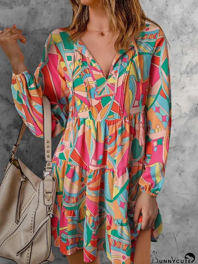 Geometric Print Boho Chic Mini Dress with Split Neck Ruffle Tiers