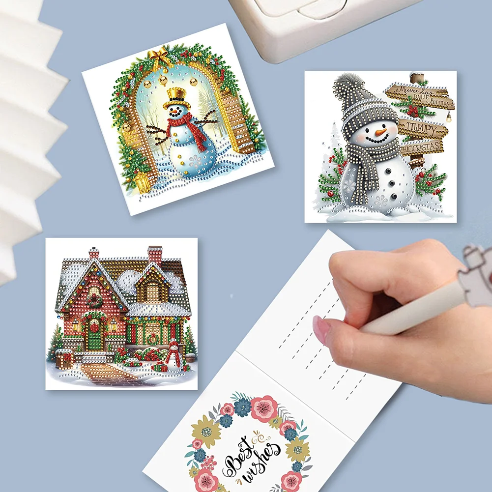 12pcs DIY Christmas Snowman DIY Diamond Painting Card for Friends Family Gift【With White Envelope】