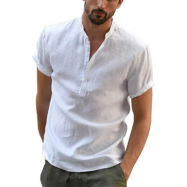 Men's Casual Loose Cotton Linen Solid Color Stand Collar Short Sleeve Shirt socialshop