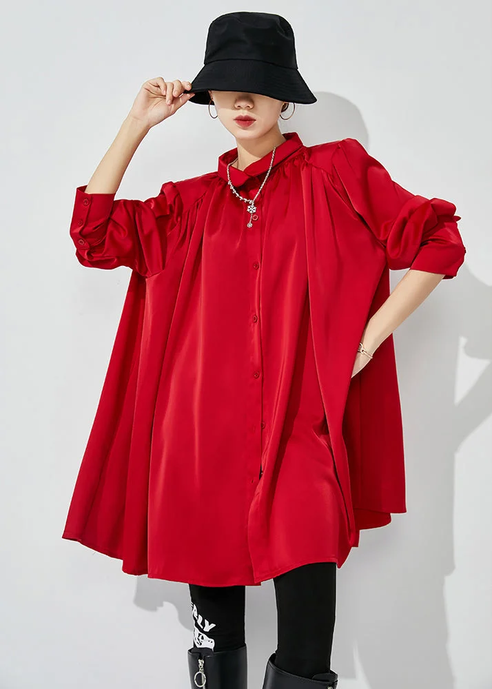 Women Red Stand Collar Oversized Wrinkled Silk Shirt Top Spring