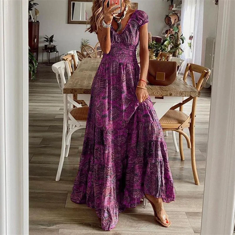 Uveng V-neck Tight Waist Floral Large Dresses