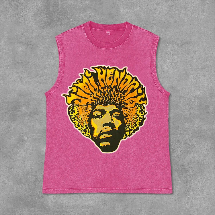 Vintage Hendrix Fashion Guitarist Graphic Print Acid Washed Sleeveless Tank Top SOPULA