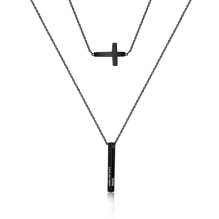 Vertical Bar Necklace with Cross Pendant Layer Necklace Personalized Custom Name Necklace Engraving 4 side
