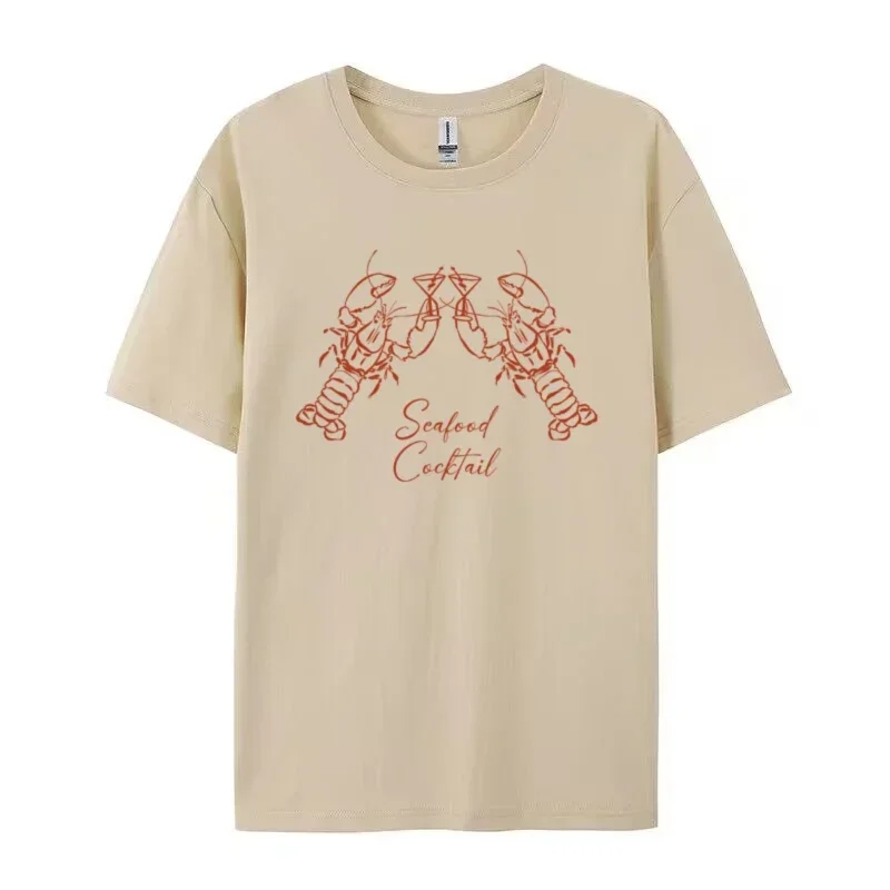 Women Cocktail Seafood Graphic T-Shirt Short Sleeve Cotton Shirt Female Retro Top