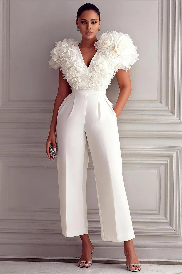 Xpluswear Design Plus Size Formal White V Neck Short Sleeve 3D Pocket Jumpsuits [Pre-Order] 2024 - Xpluswear