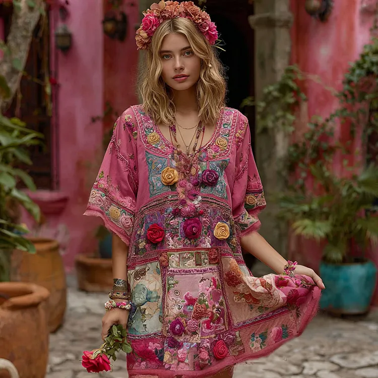 Women's Vintage Rose Floral Embroidery Art Linen Dress