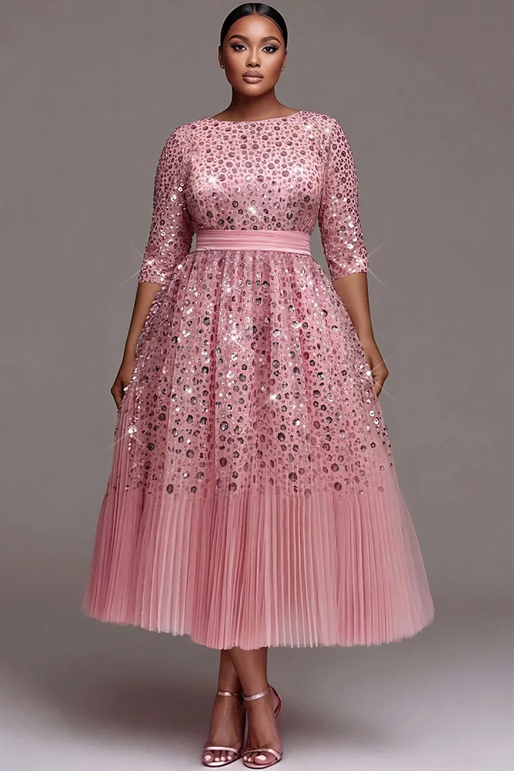 Xpluswear Design Plus Size Formal Tulle Pink Round Neck 3/4 Sleeve Pleated Sequin Midi Dresses 2024 - Xpluswear