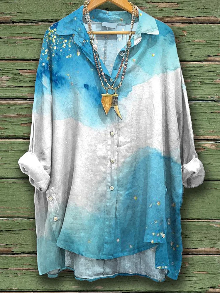 Women's Gradient Print Casual Cotton And Linen Shirt