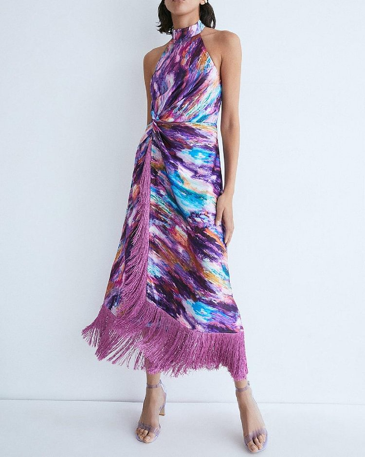 Purple Tassel Detail Open Back Midi Dress