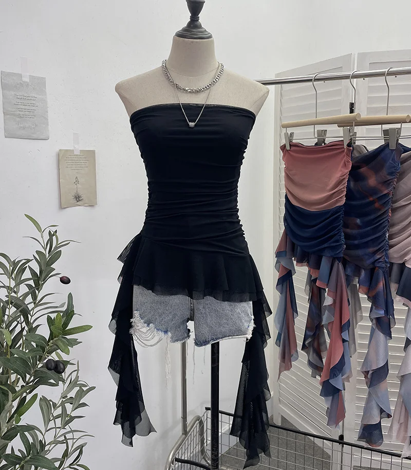 Uveng Irregular Bra Vest Wearing A Gradient Mesh Yarn Leaf Side Ribbon Bottom Sleeveless Top Lady 9931