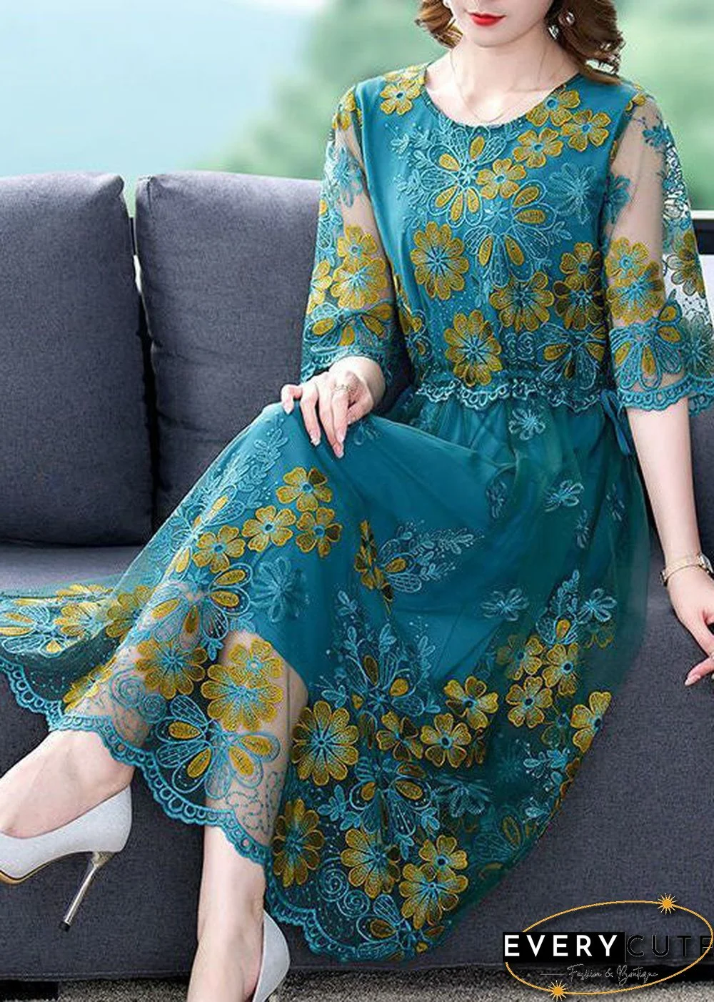 Boutique Peacock Blue Embroideried Slim Fit Tulle Dress Half Sleeve