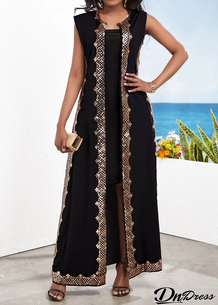 Black Sequin Two Piece Suit Sleeveless Maxi Dress and Cardigan