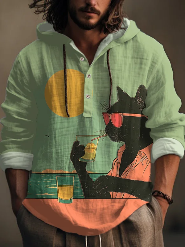 Men's Fun Cat Drinking Juice By The Seaside Print Hooded Long Sleeve Shirt