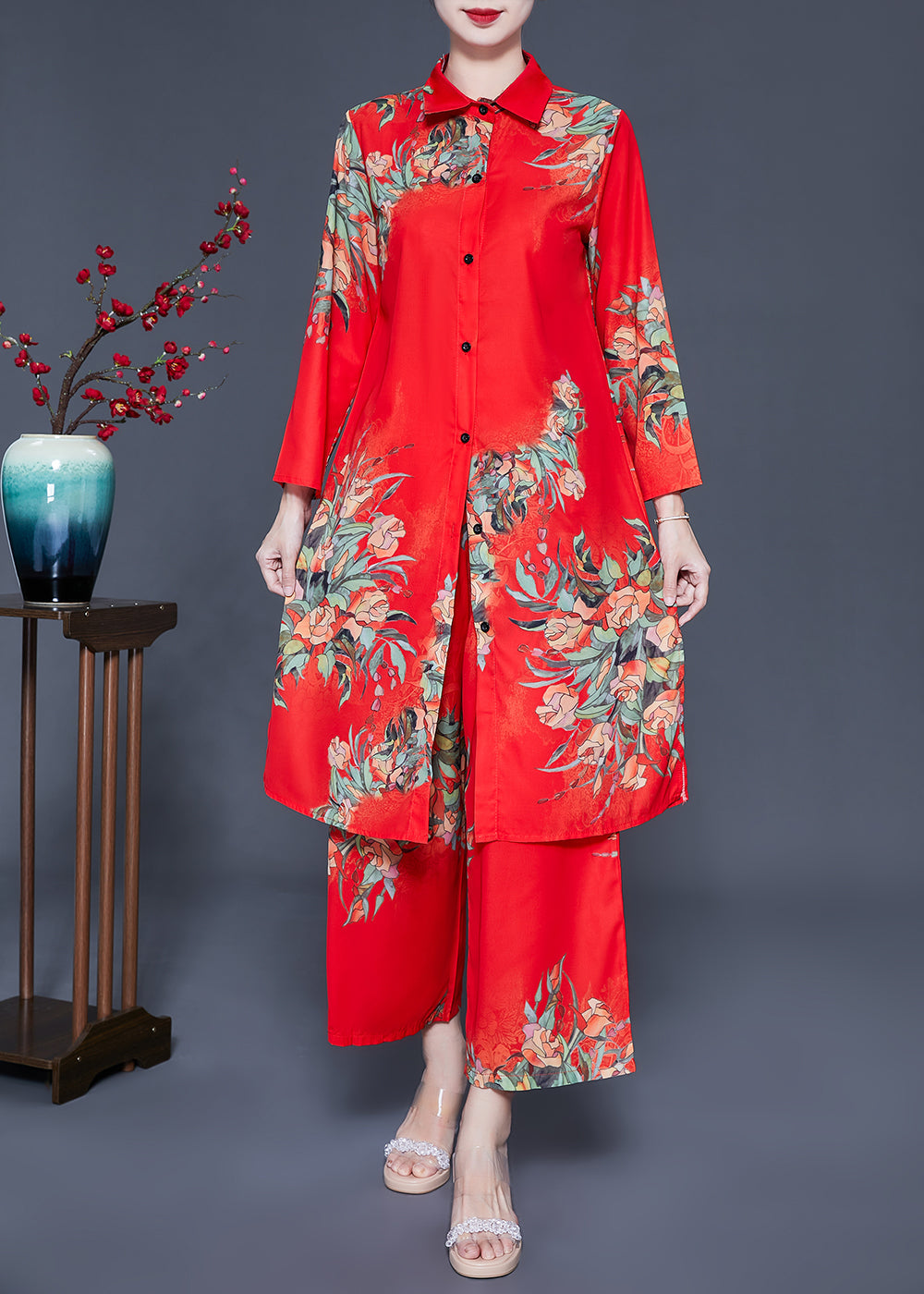 VCSHOES Red Peter Pan Collar Print Chiffon Women Sets 2 Pieces Summer