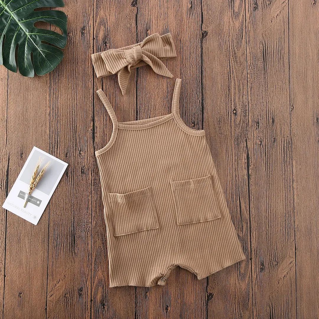 2020 Baby Summer Clothing Infant Newborn Baby Girls Boys Sleeveless Romper Ribbed Solid Pocket Jumpsuit With Headband