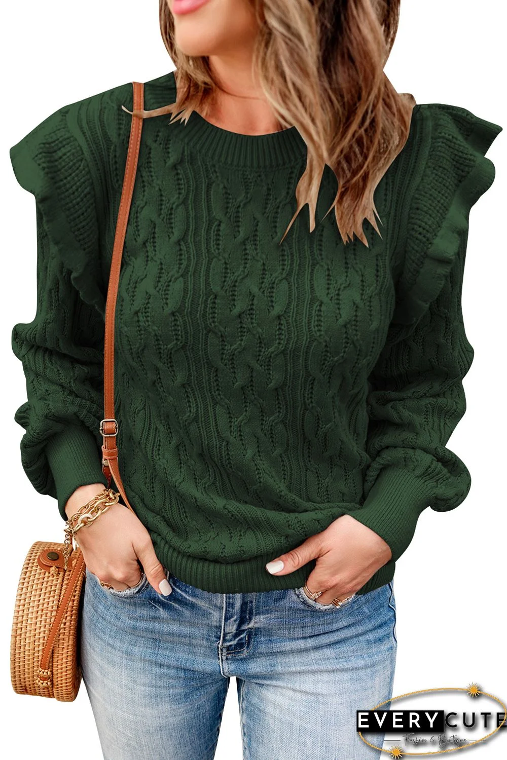 Green Frilled Shoulder Detail Cable Knit Sweater