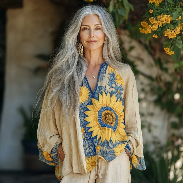 Bohemian Sunflower Linen Floral Art Print Long Sleeve V-neck Shirt