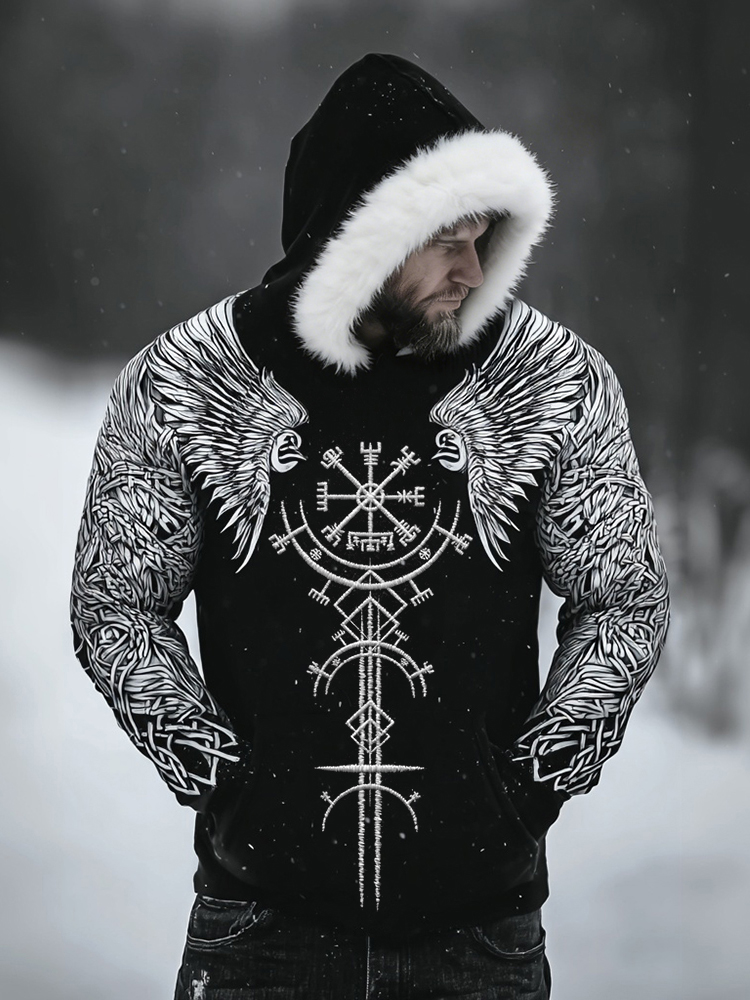 Men's Viking Vegvisir Embroidered Fur Trim Hooded Sweater elevenforest