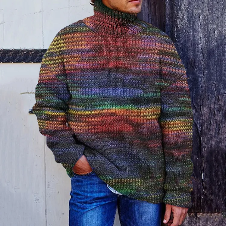 VChics Men's Vintage Rainbow Pullover Warmth Knitted Turtleneck Sweater