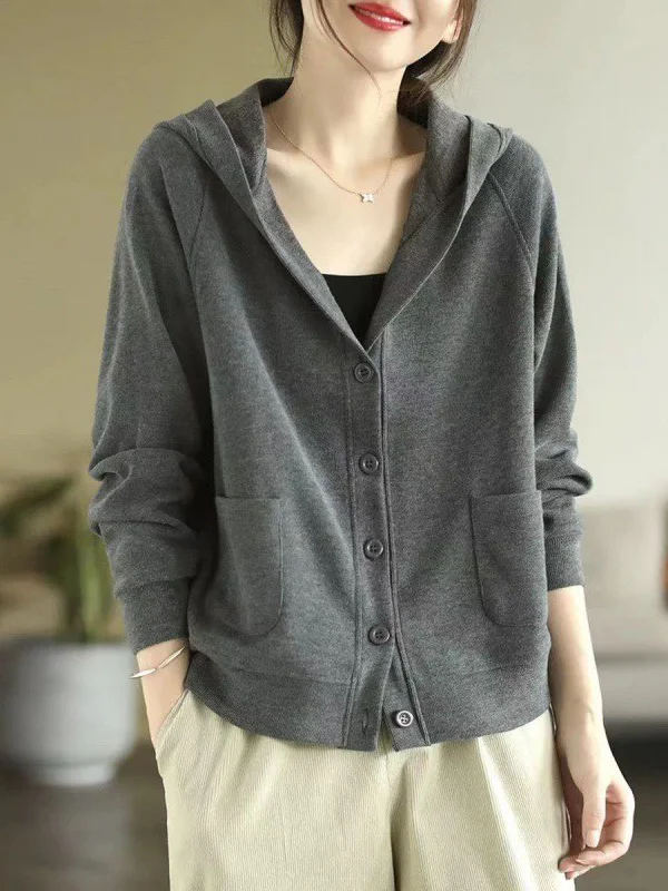 Casual Long Sleeves Loose Buttoned Solid Color Hooded Knitting Outerwear