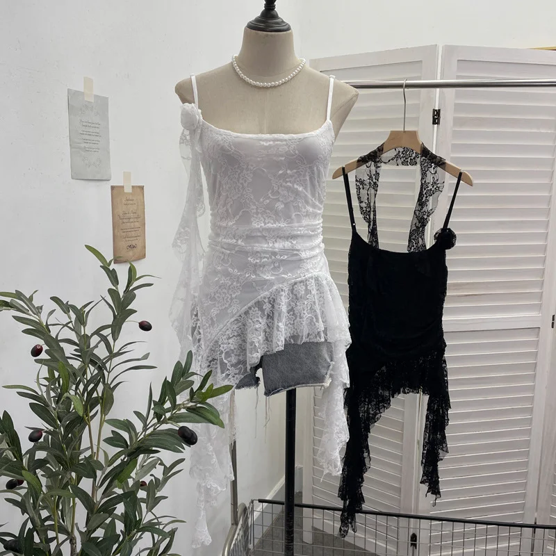 Nigikala Nigikala Shooting Lace Suspension Sheaf Vest Women's Summer Thin Irregular Lotus Leaf-Side Ribbon Slime Blouse 11851