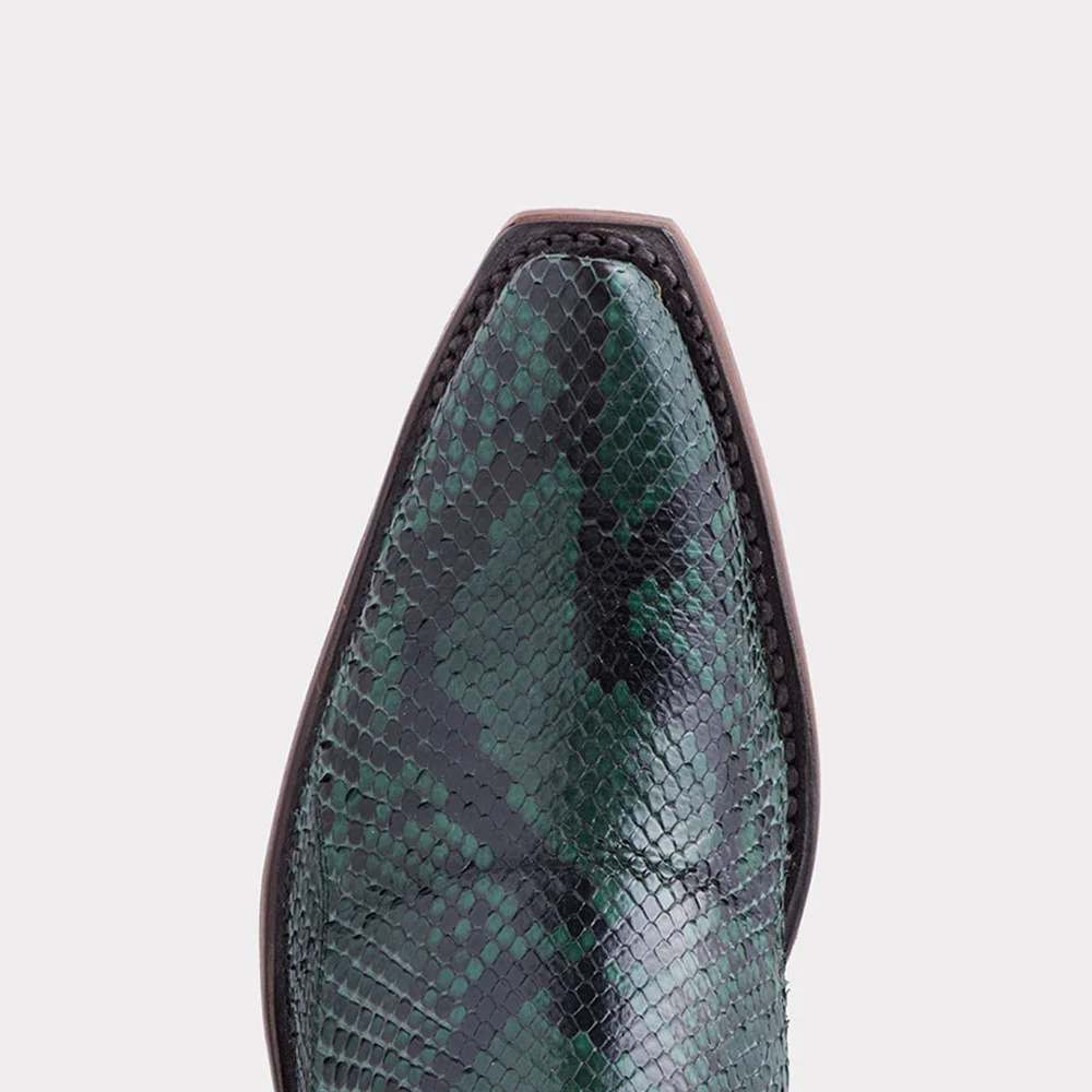 Green Python Embossed Snip Toe Cowgirl Boots with Embroidery