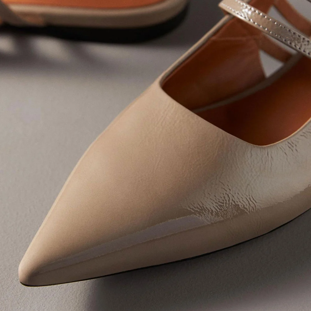 Taupe Pointed Toe Casual Slingback Flats with Buckle Strap
