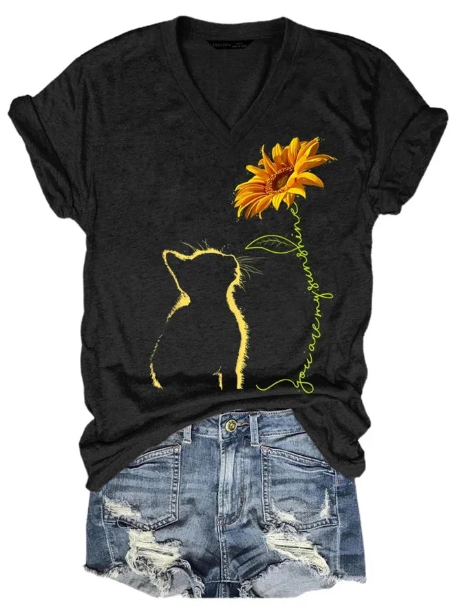 Ladies cat chrysanthemum casual T-shirt