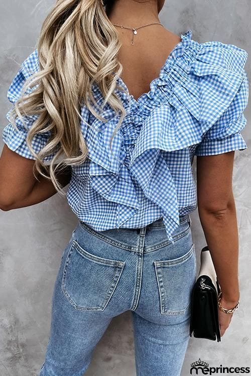 Plaid Ruffles V Neck Puff Sleeve Blouse