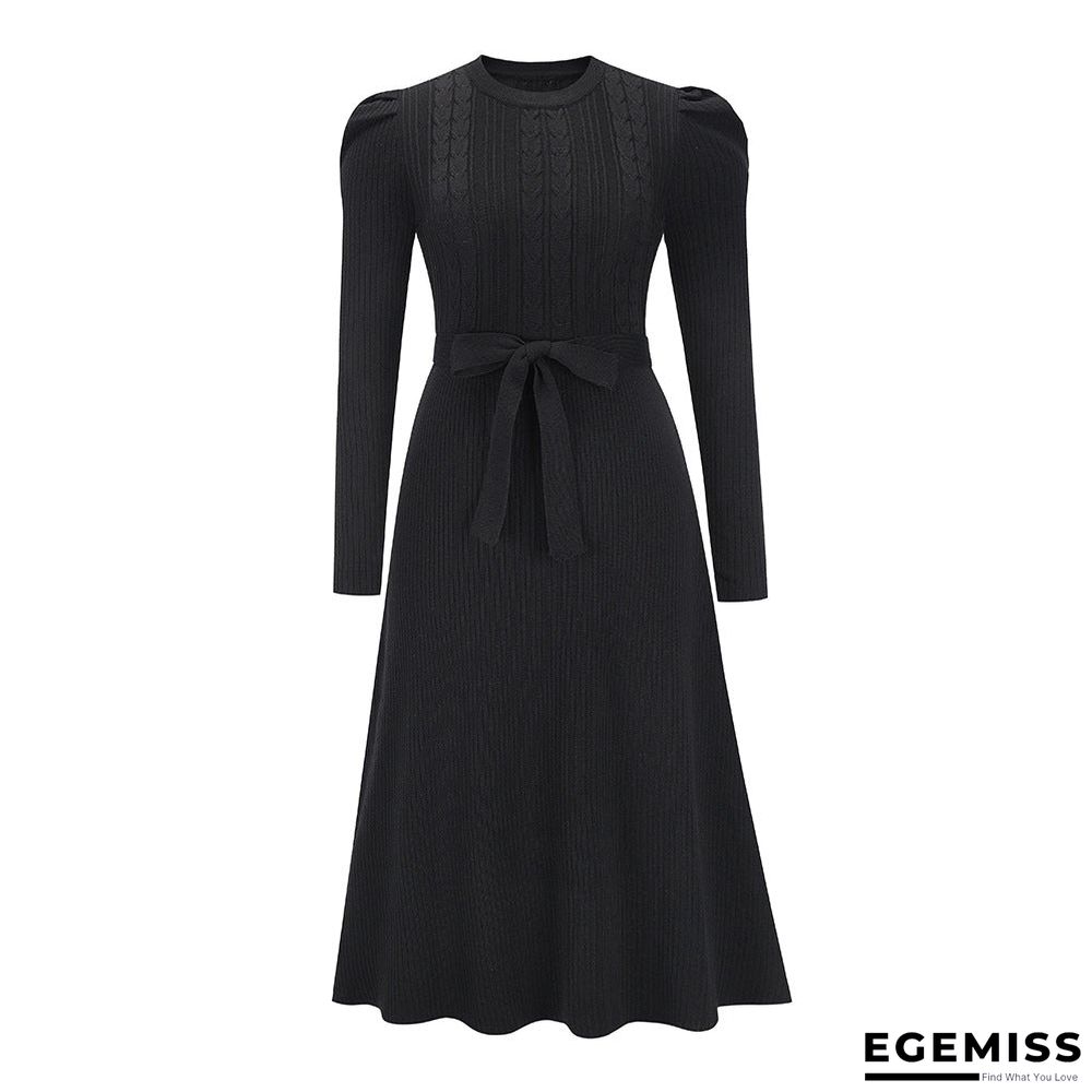 Bubble Long Sleeve Knitted Skirt Medium Long Wool Dress Black Dresses | EGEMISS