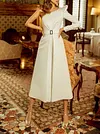 Simple One-Shoulder Long Sleeve Belted Split-Side Urban Midi Dress