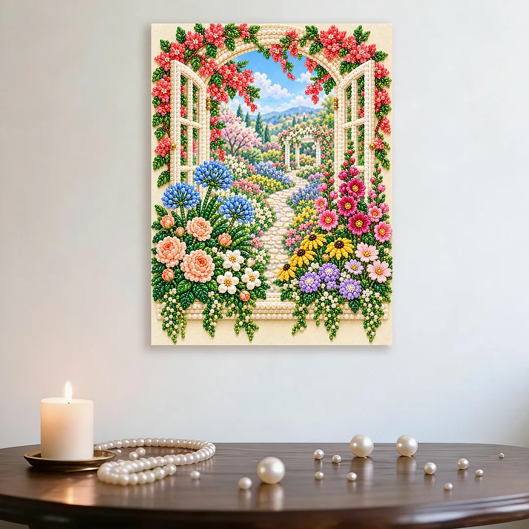 Framed Pearl Painting Kit Latticed Window 11.81x15.75in
