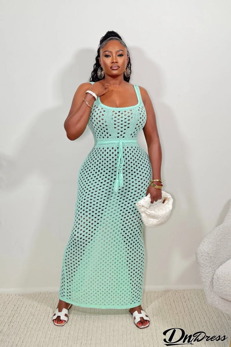 Summer Women Tethered Mesh Knitting Beach Maxi Dress