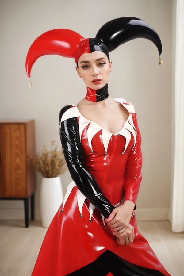 Women Latex Dress Harley Quinn Theatrical Jester Cosplay Gown 