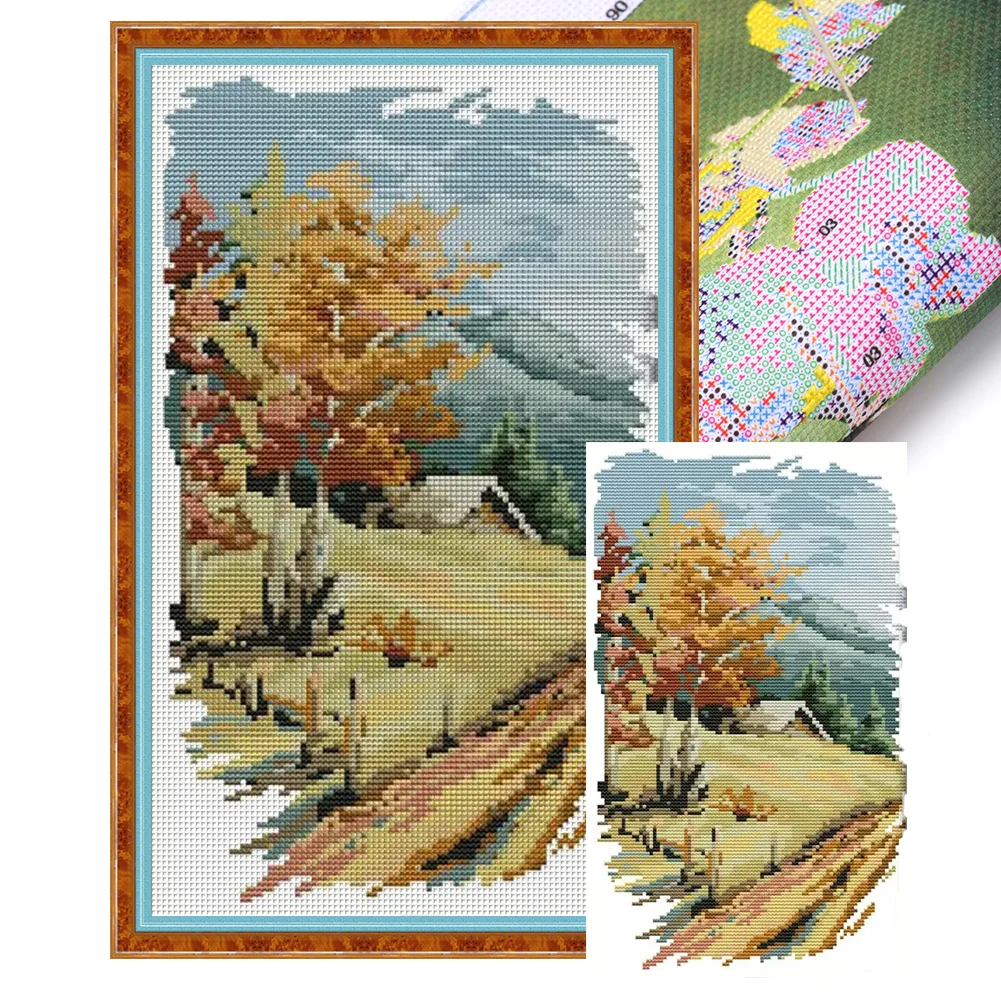 14CT Partial Stamped Cross Stitch Kit - Four Seasons of Autumn (56*38CM)  Landscape scenery gift Embroidery Stamped Counted Cross Stitch Kit for Kids  Adults Beginners, Needlework Cross Stitch Kits, Art Craft Handy