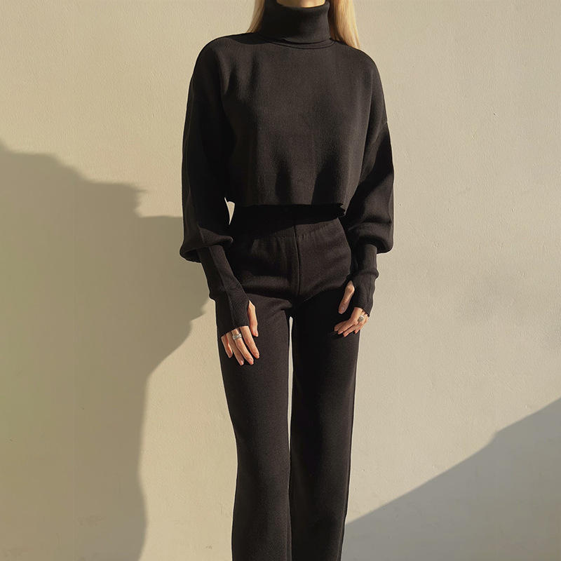 Ootddress Turtleneck Two Piece Outfits For Women Lantern Sleeve Cropped Top And Straight Leg Pants Sets Tracksuit Casual Outfits