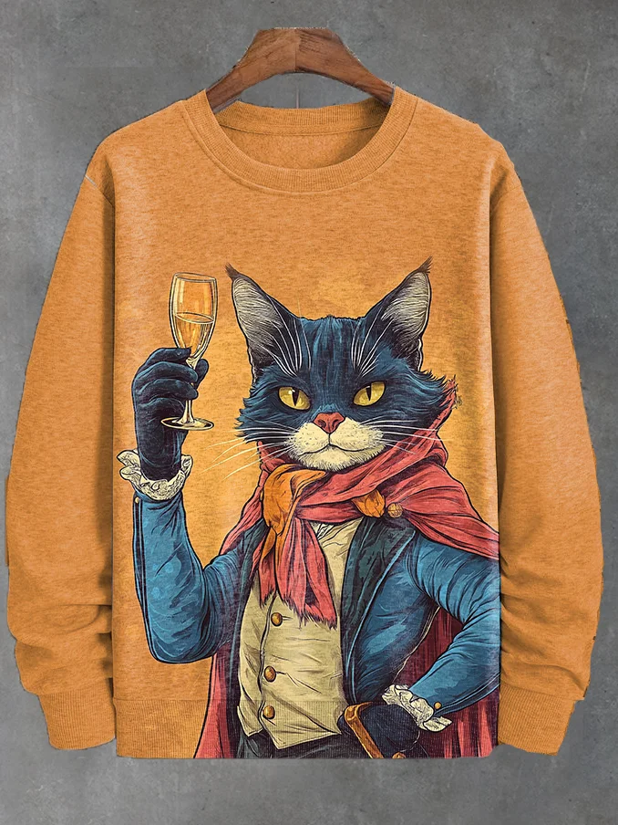 Men's Cheers Cape Black Cat Knight Illustration Print Casual Sweatshirt
