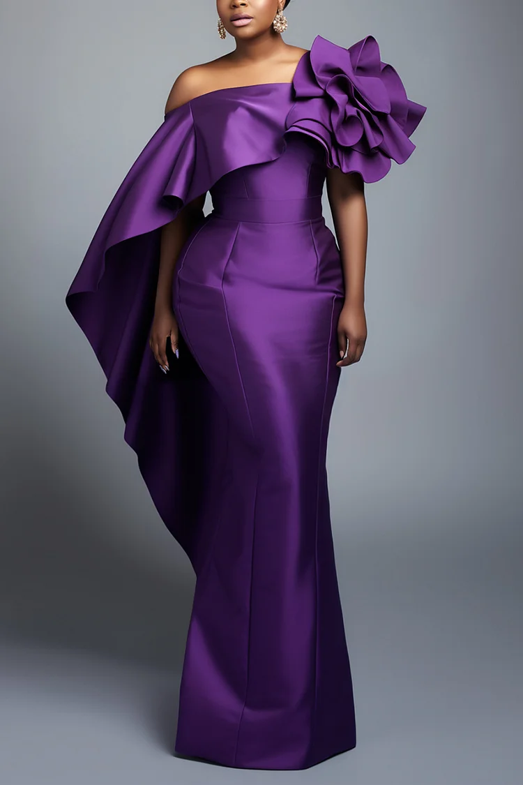 Xpluswear Design Plus Size Formal Purple Elegant Off The Shoulder 3D Bodycon Satin Maxi Dresses