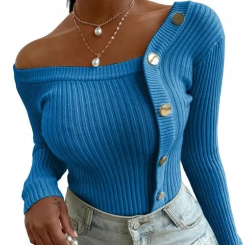 Fashion Women Autumn Blouse One Shoulder Ribbed Buttons Slim Knit Sweater