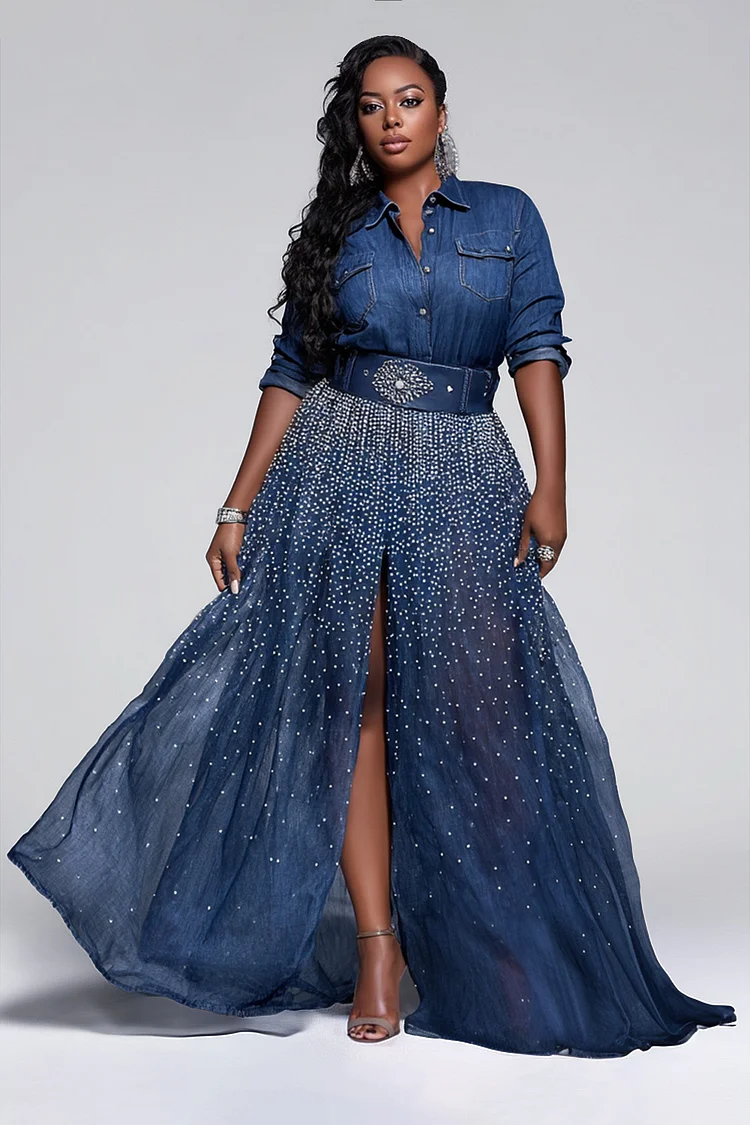 Xpluswear Design Plus Size Business Casual Blue Shirt Collar Long Sleeve Split Elegant Drilling Tencel Denim Maxi Dresses [Pre-Order]