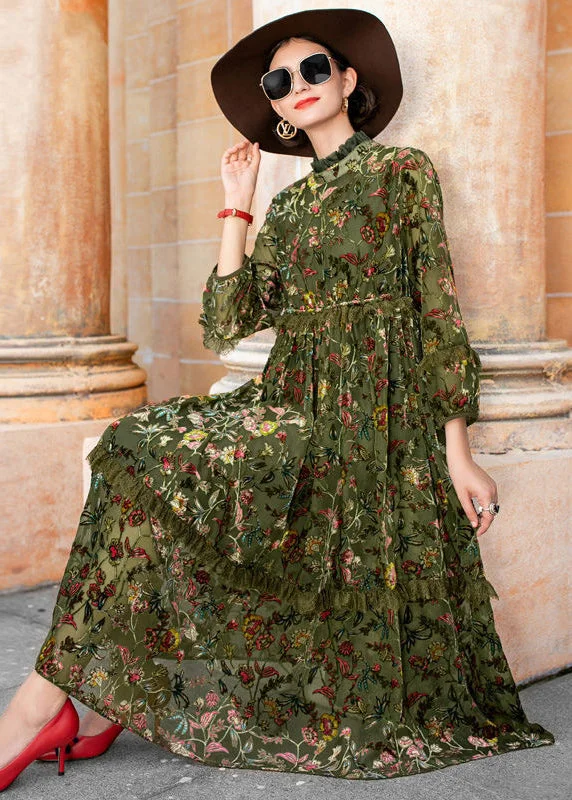 Style Green Ruffled Jacquard Patchwork Silk Velour Dresses Fall