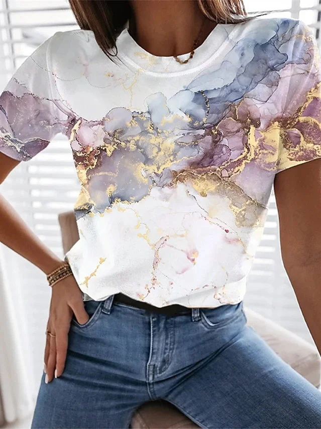 Round neck romantic floral print short sleeve women's white T-shirt