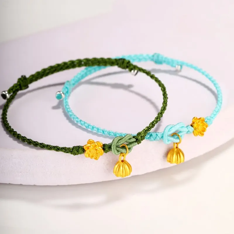 Handmade 999 Gold Lotus Flower Pod New Beginning Braid String Bracelet