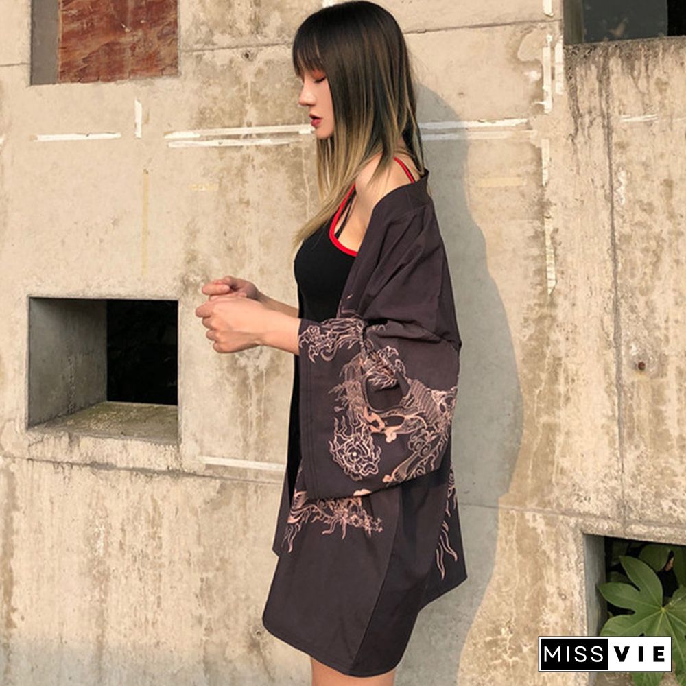 Vintage Dragon Print Kimono Outerwear