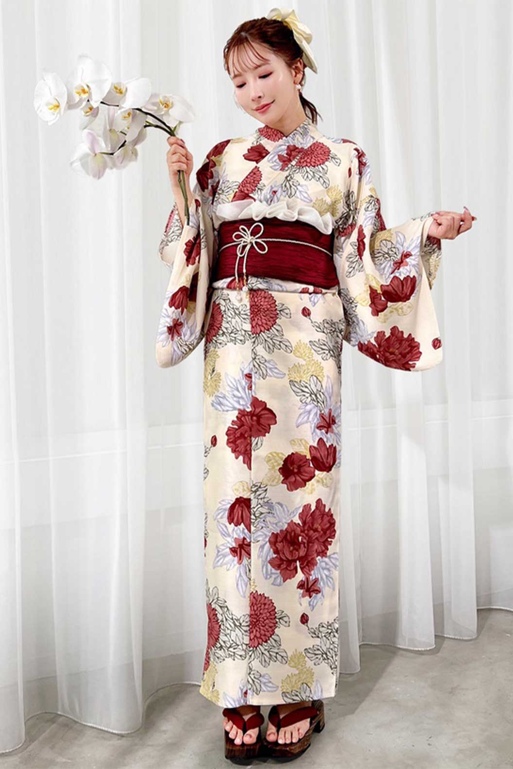 Yukata Kimono Yellow with Red Peony - あおいまつり Stupa Stones