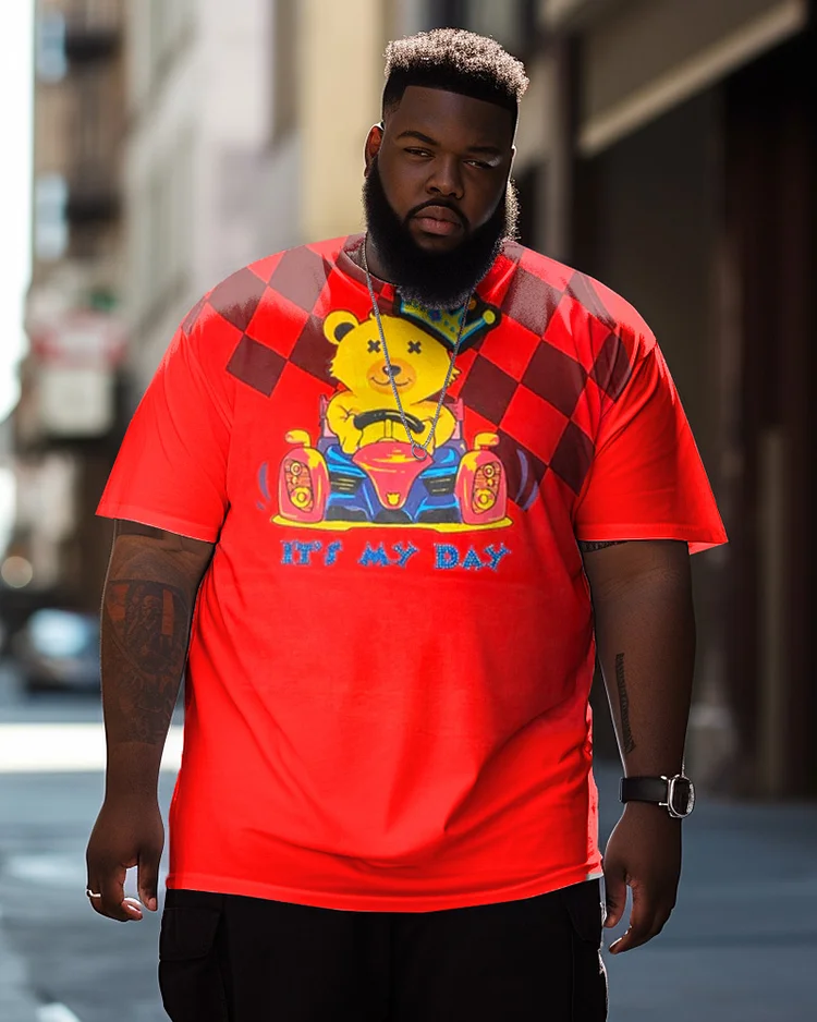 Men's Plus Size Street Diamond Bear Graffiti Short Sleeve Round Neck T-Shirt