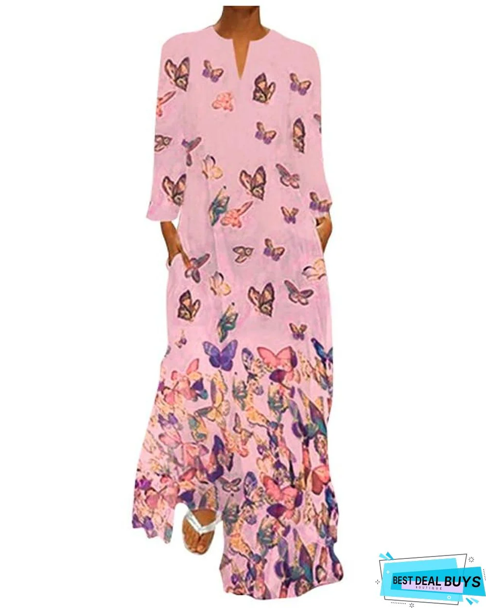 Women's Shift Dress Maxi Long Dress - Long Sleeve Butterfly Spring Fall Hot Loose White Yellow Blushing Pink Light Blue
