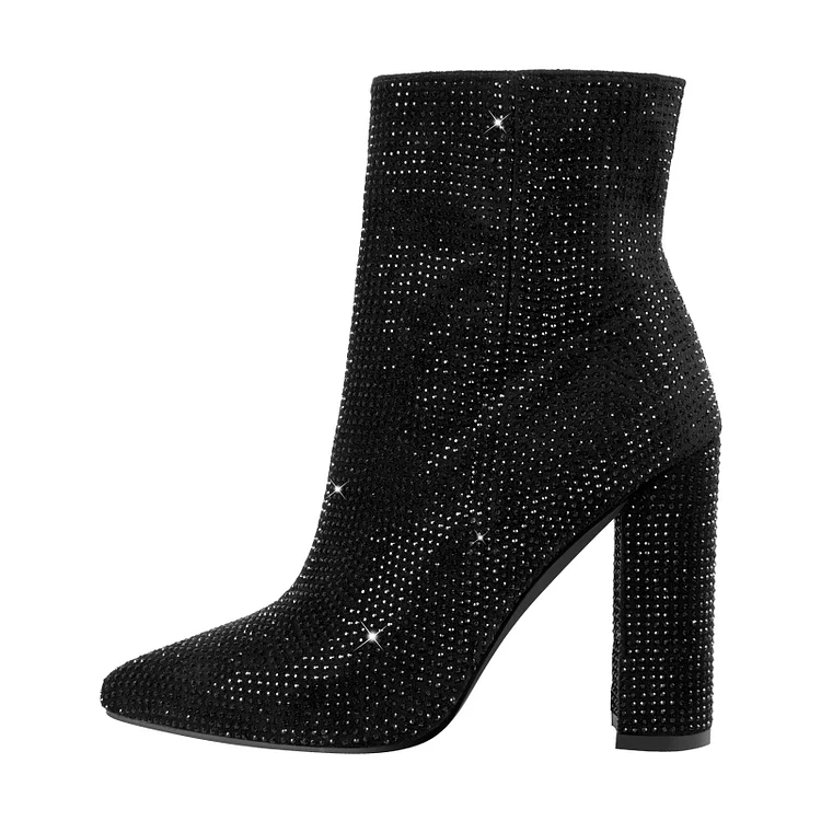 SHINY GIRL Rhinestone Decoration Pointed Toe Chunky Heel Boots