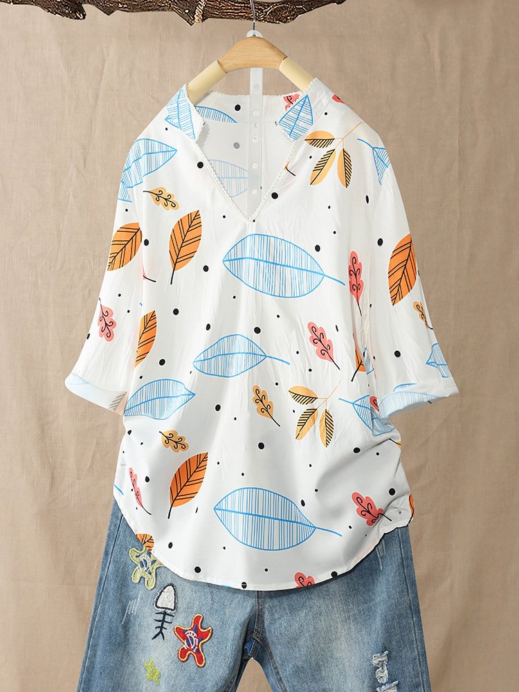 Leaves Print 3/4 Sleeve Stand Collar Blouse For Women P1529281