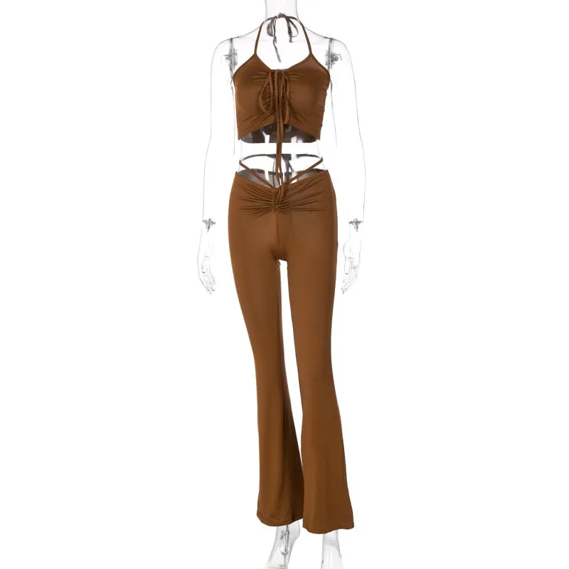 OrangeA women halter bandage v-neck sleeveless ruched tops sweatpants solid matching set sexy clubwear stretchy skinny bodycon